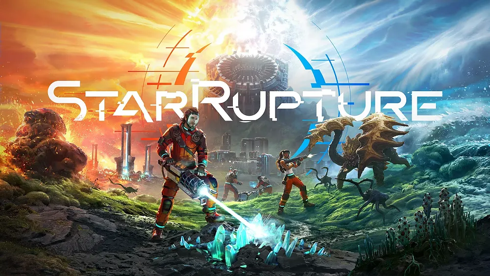 Art showing human space explorers mining minerals on an alien planet with the title StarRupture shown above.