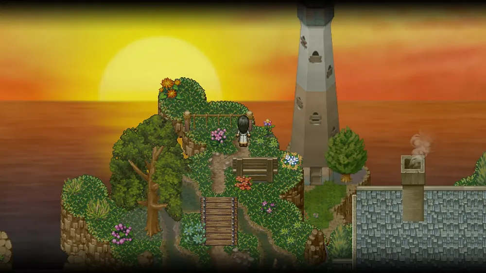 A character standing near a lighthouse overlooking a cliffside out towards a large body of water.