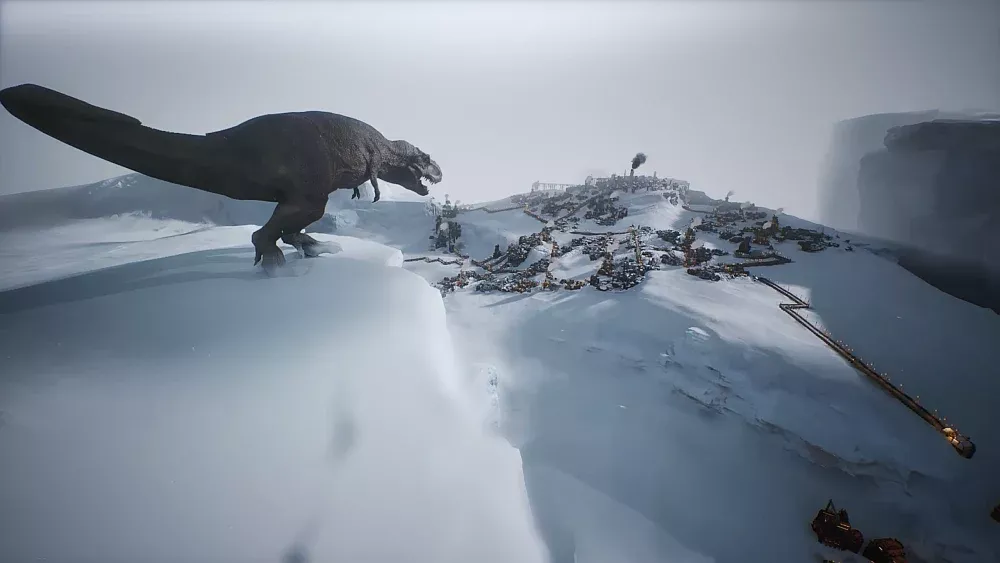 A T-Rex walking through the snow towards a distant city.