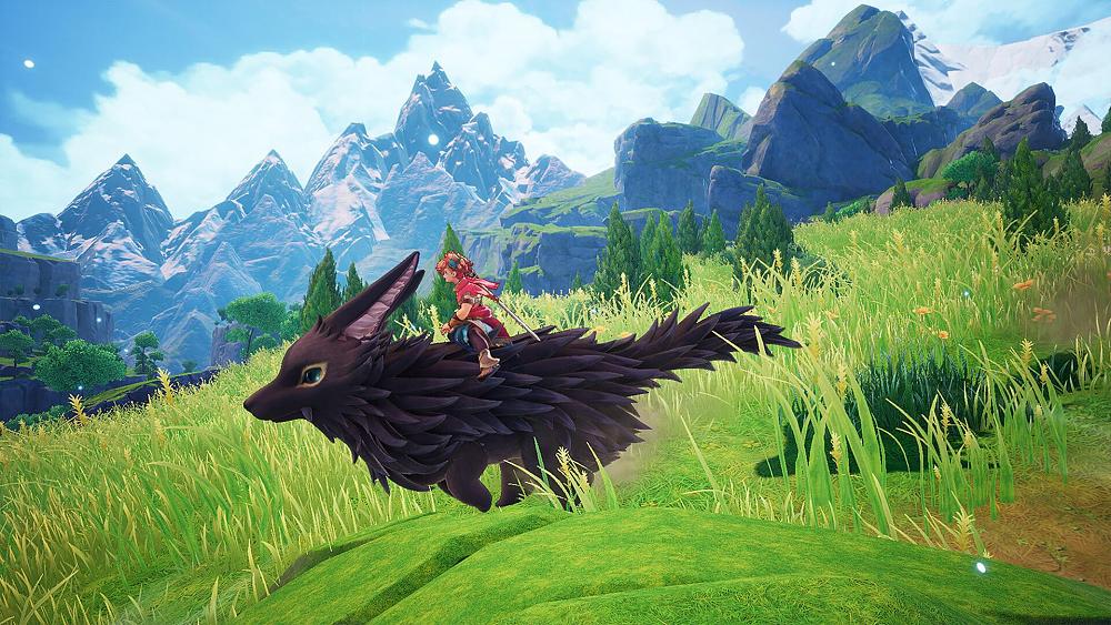 An anime-looking character riding on a giant wolf-like creature through a grassy field.