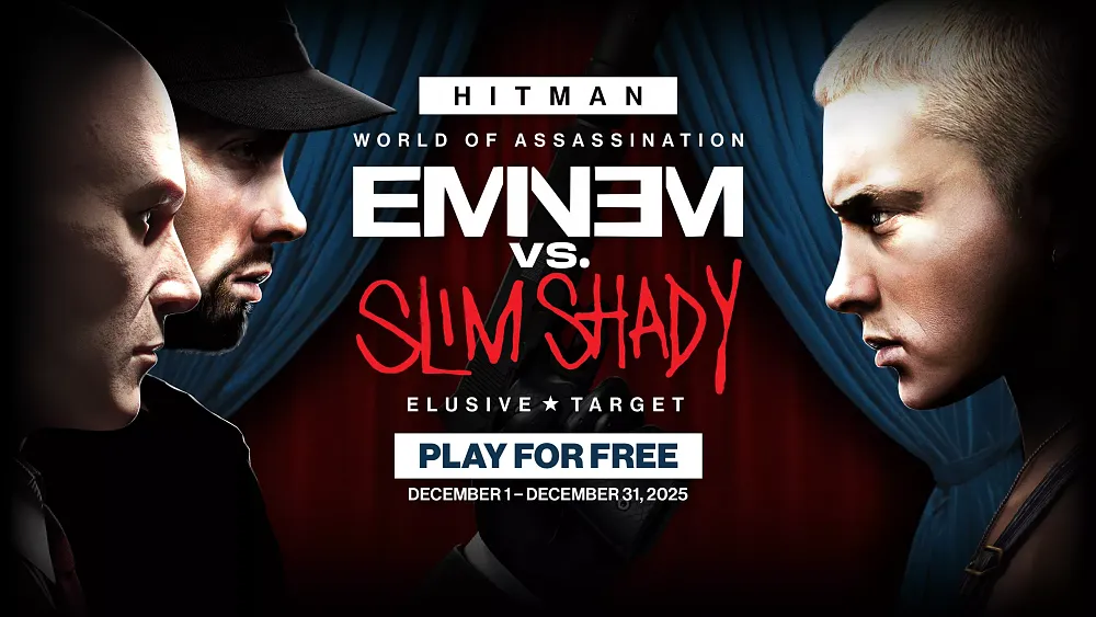 Key art showing Eminem and Agent 47 facing off against Slim Shady.