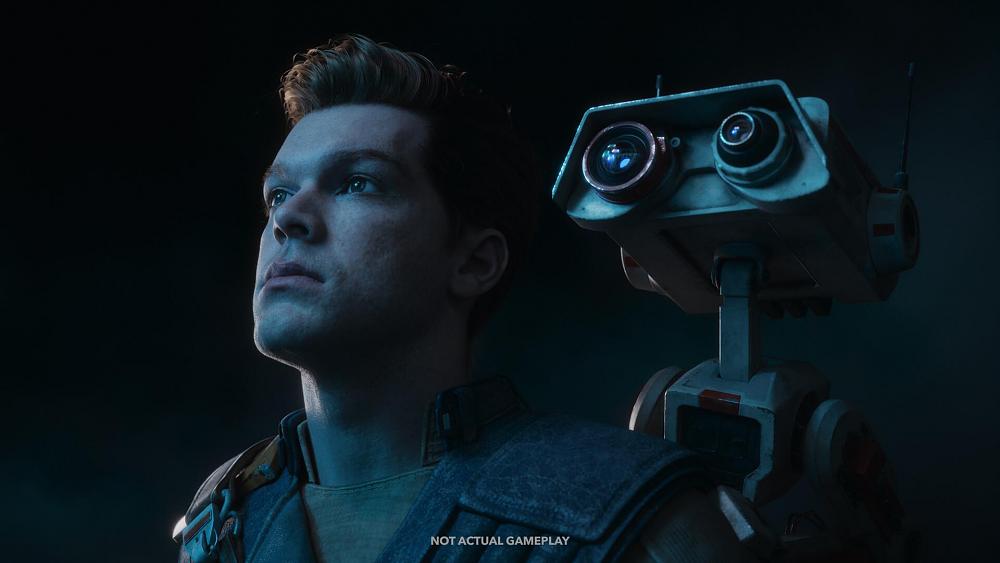 Male with red hair looking off to the left side while a small robot peaks out from behind his back