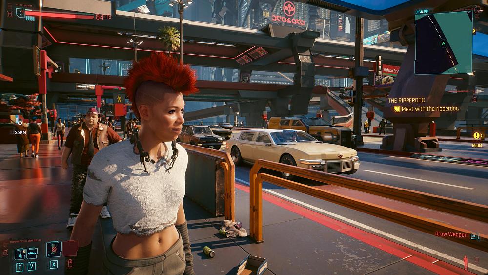Screenshot showing cyberpunk style characters walking around a futuristic city