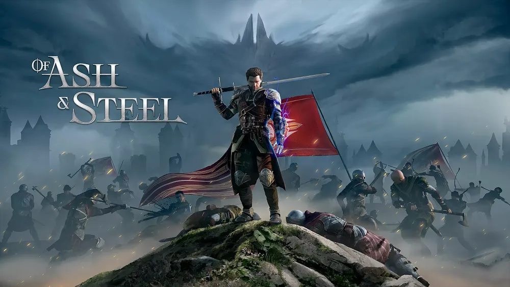 A man looking powerful with a sword in hand as he stands on top of a mound as warriors battle all around him.