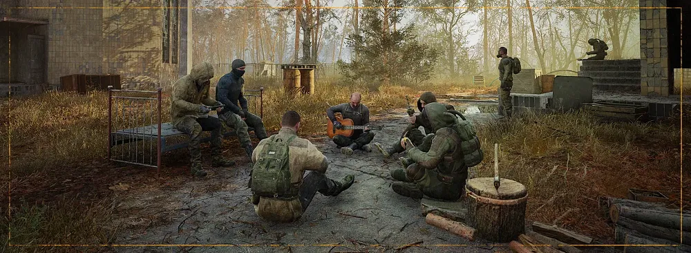 Screenshot from the Stories Untold content update for Stalker 2 showing several characters in brown or dark green warm clothing sitting in a circle listening to one of the people playing a guitar.