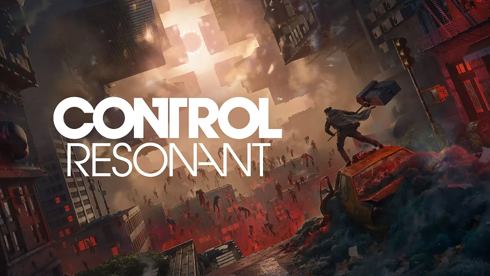 A person with a big hammer-like weapon standing on a wrecked taxi in a distorted reality version of Manhattan.