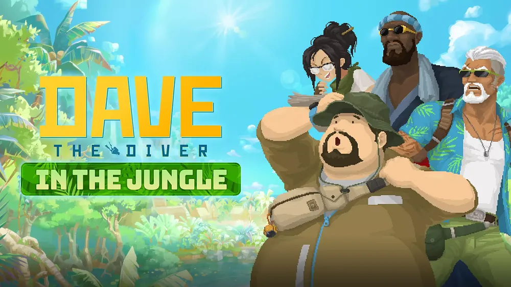 The image is the key art for the Dave the Diver: In the Jungle DLC, featuring four pixelated characters in an adventurous pose against a bright, lush jungle backdrop.