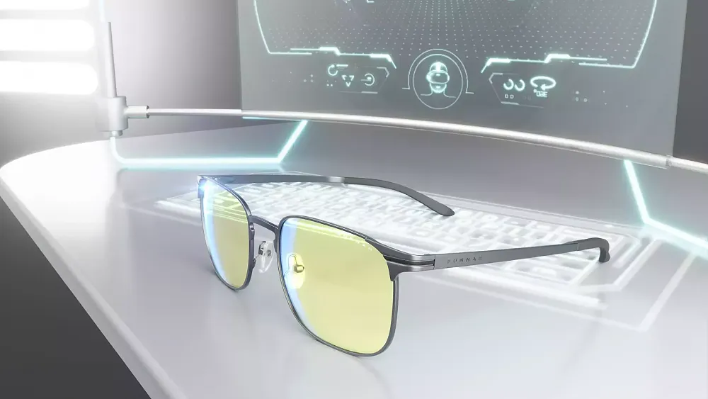 A pair of GUNNAR blue light blocking glasses. This is specifically the Monterey design.