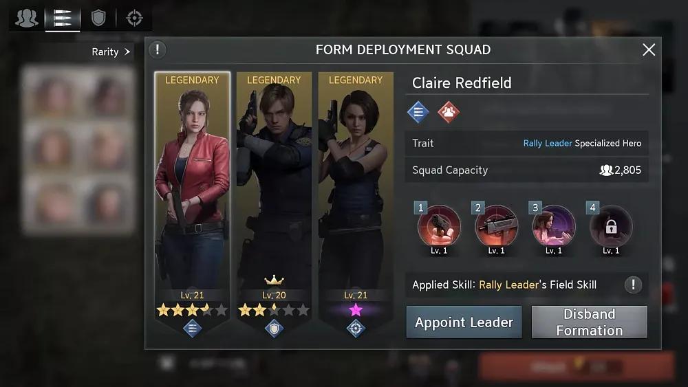 Screenshot showing characters and character stats from Resident Evil Survival Unit for mobile.