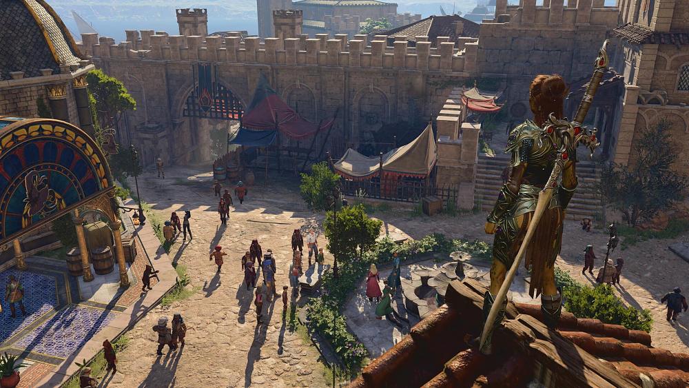 A character standing atop a building overlooking a bustling city below.