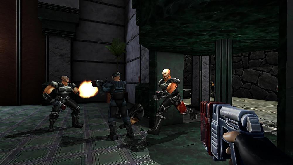 Screenshot from a FPS with your character aiming a gun at enemy soldiers.