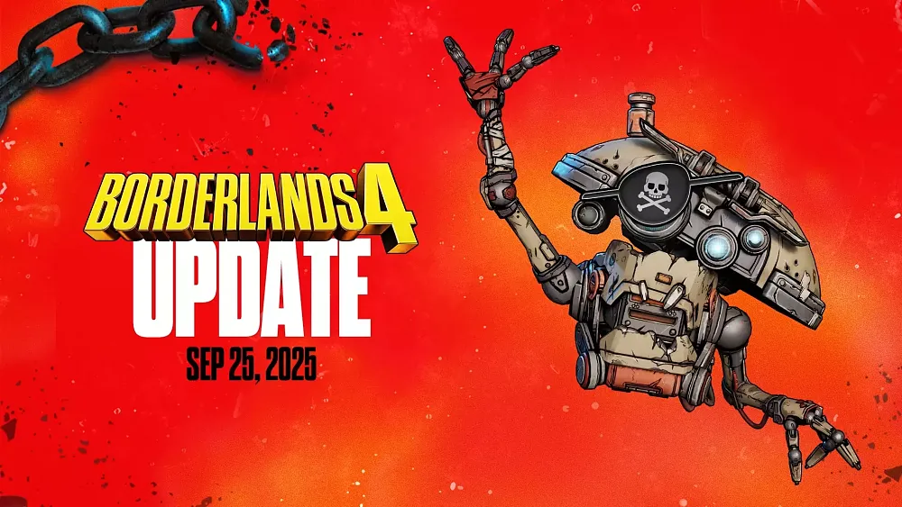 A waving flying robot character. Text references the Borderlands 4 update for September 25, 2025.