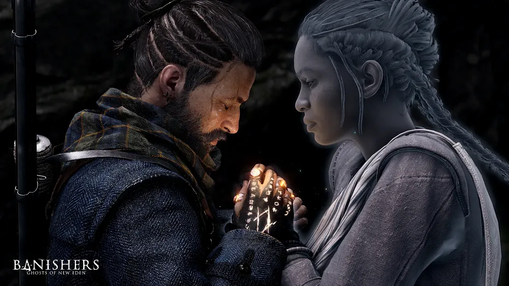 A man and ghost woman, facing each other, embracing each others' hands.