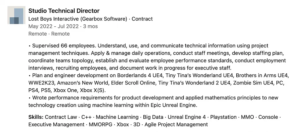 A LinkedIn post from a former employee of a Gearbox subsidiary leaking upcoming Gearbox games such as Borderlands 4, Tiny Tina's Wonderlands 2, and Brothers in Arms.
