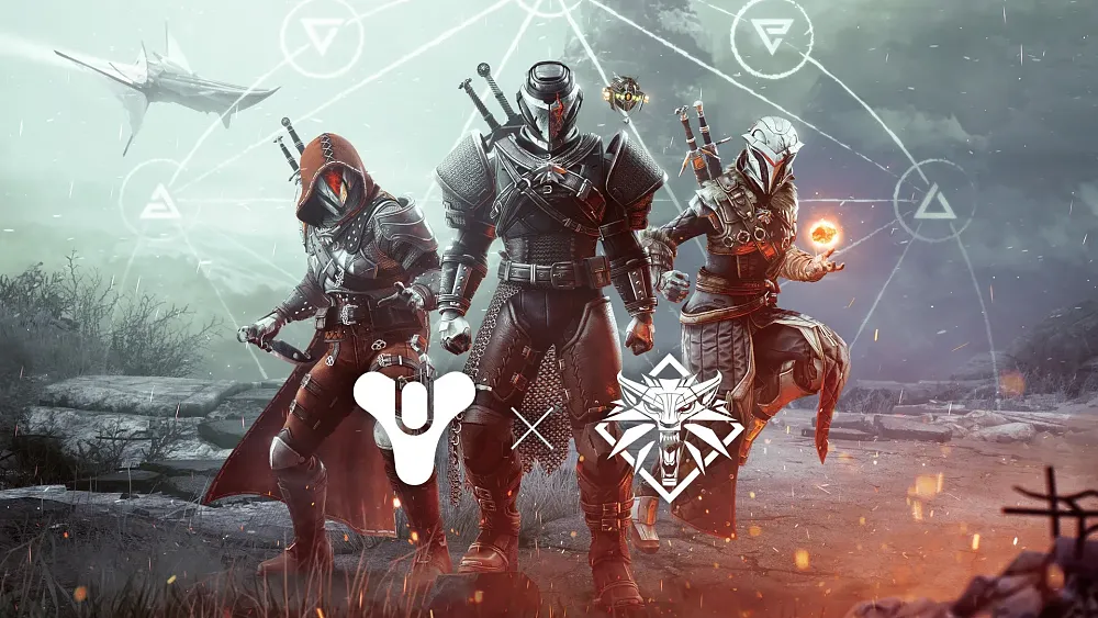 Art showing cosmetic items for Destiny 2 with armor inspired by The Witcher series from CD Projekt Red.
