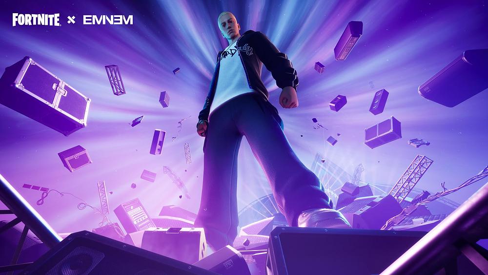 Eminem in Fortnite standing on top of a bunch of concert gear.