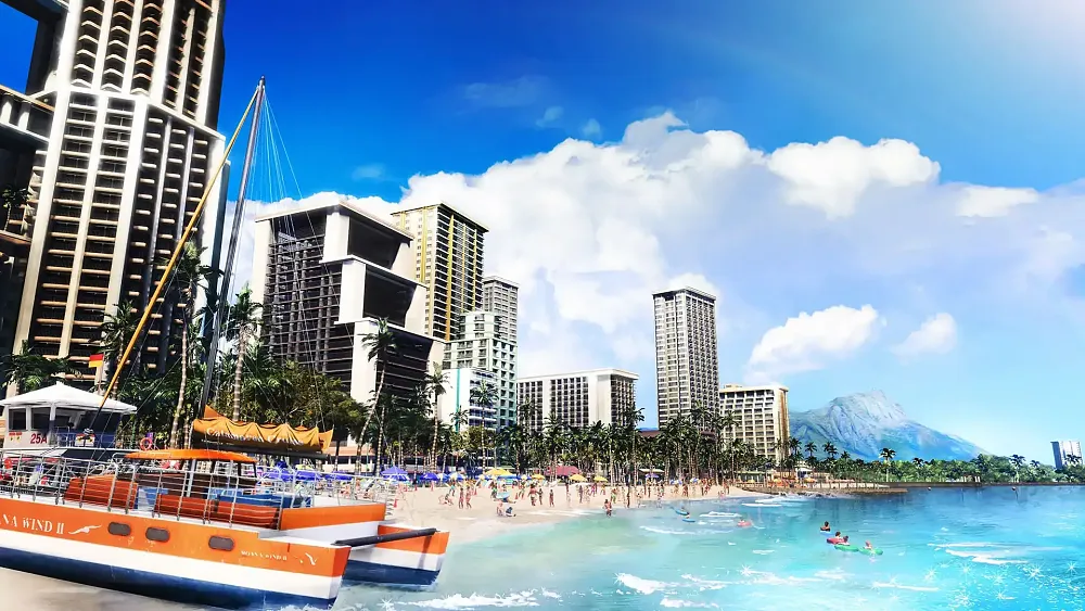 Screenshot showing a lovely Hawaiian beach with blue waters, and plenty of beach goers.