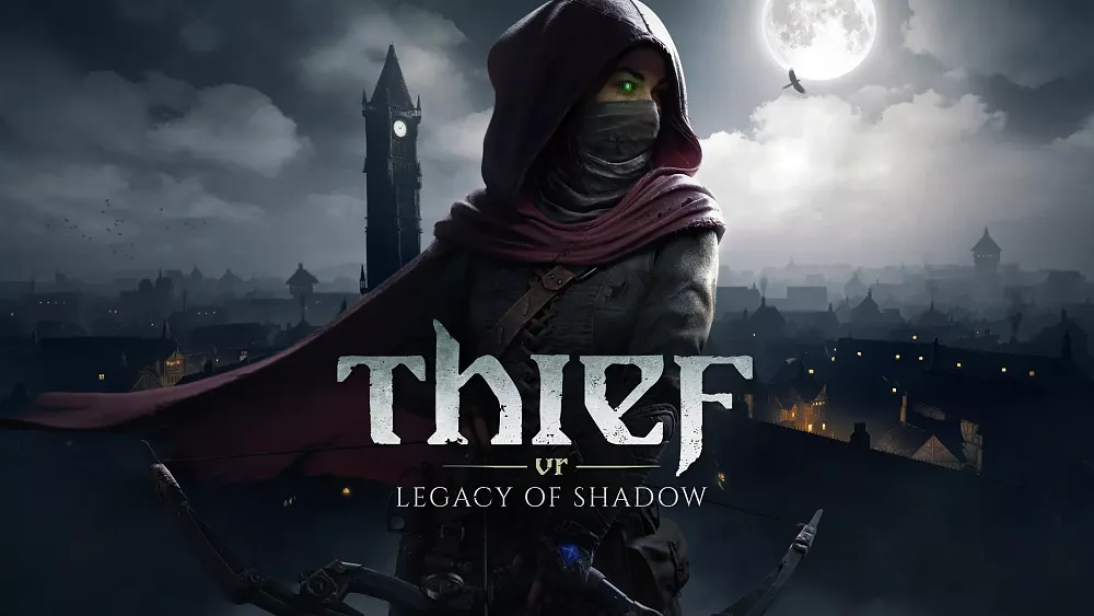 Title of Thief VR: Legacy of Shadow. The image shows a young woman in dark clothing and cloak, holding a bow. One of her eyes has a glowing green part to it.