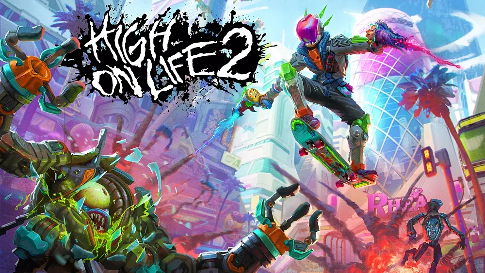 Key art with the title and very, very colorful artwork with aliens and a masked person for High on Life 2.