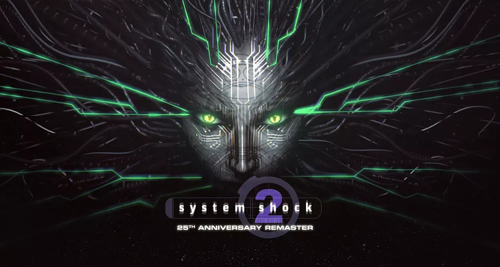 Key art with the title, System Shock 2: 25th Anniversary Remaster, over artwork of Shodan.