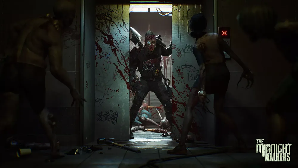 A battle hardened survivor emerging from an elevator that is surrounded by nasty, evil zombies.