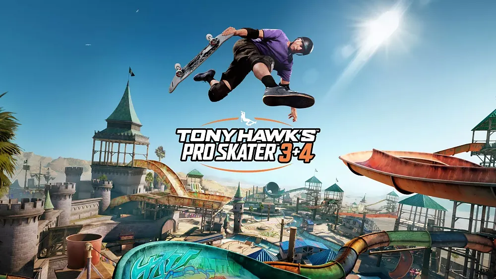 Title: Tony Hawk's Pro Skater 3 + 4. The image shows professional skateboarder Tony Hawk pulling off a trick while behind him are different locations from different water slides and water park attractions from a gameplay map.
