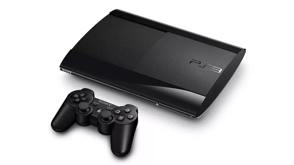A slim model of the PlayStation 3 console and a PlayStation 3 controller against a white background.
