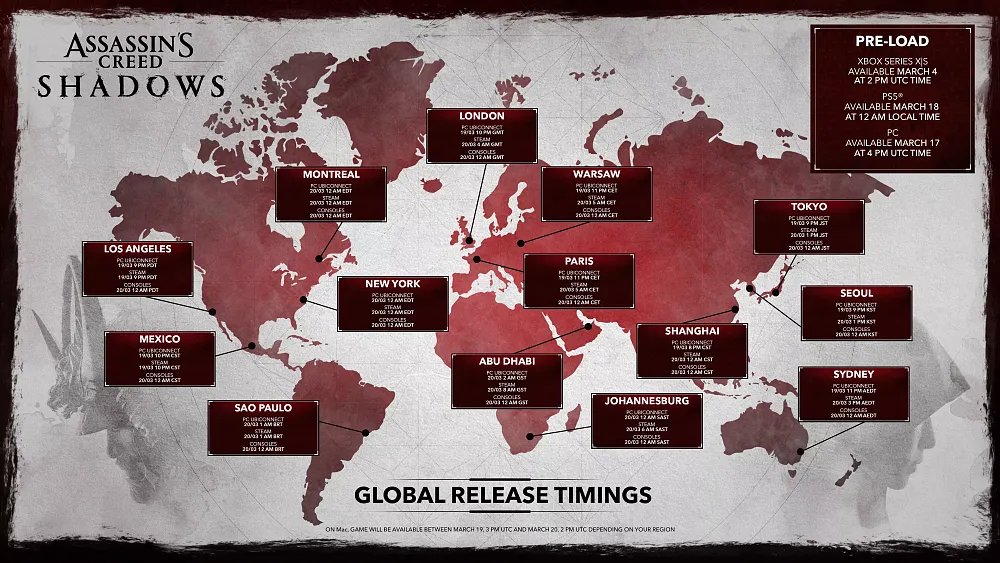 A map showing different unlock times for Assassin's Creed Shadows.
