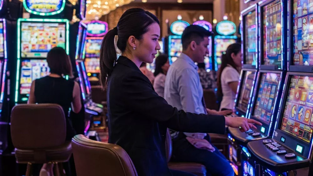 A woman in a business suit playing a slot machine in a casino.