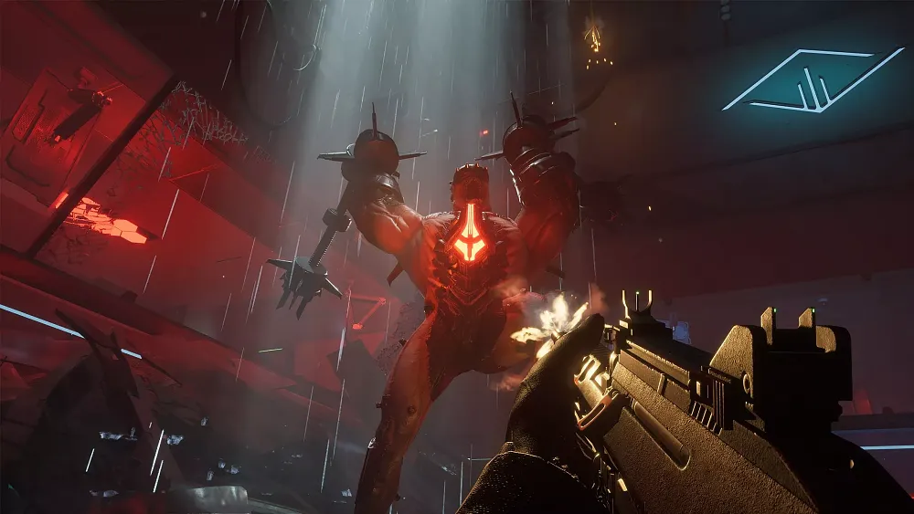 Someone firing an automatic rifle at a giant mutated creature with a glowing chest and large, heavy objects attached to the ends of its arms.