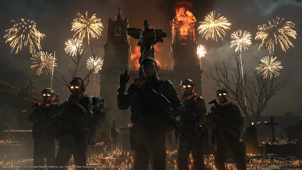 Not Solid Snake leading a bunch of soldiers with skeleton heads into some sort of a war while they carry military assault rifles and fireworks are going off in the background.