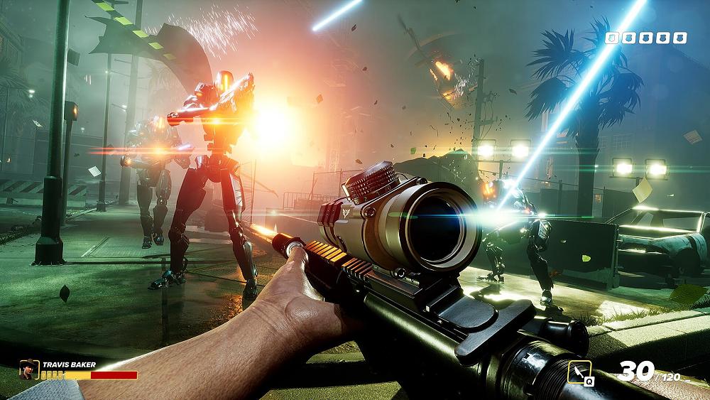 A first-person shootout with robot police forces.