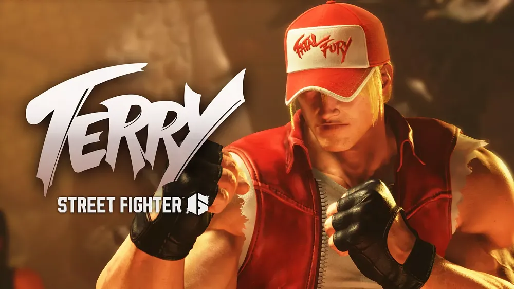 Terry in Street Fighter 6. A very strong blonde haired man wearing a baseball cap and red vest over a white shirt.