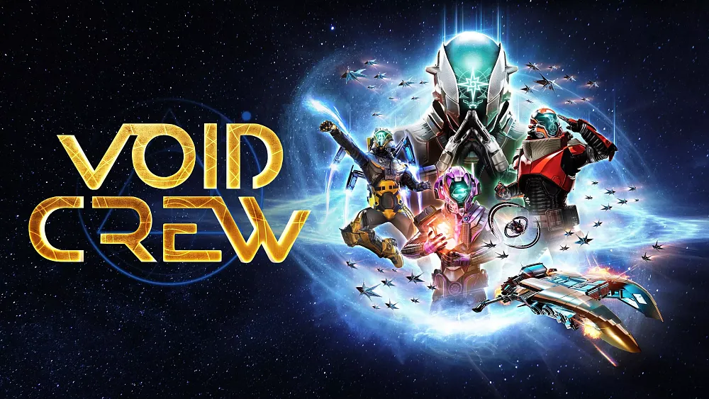 Artwork showing space adventurers and the title for Void Crew.