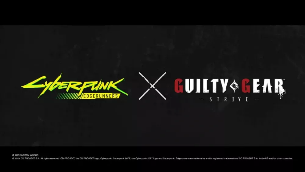Promotional art showing a crossover between Cyberpunk: Edgerunners and Guilty Gear -Strive-