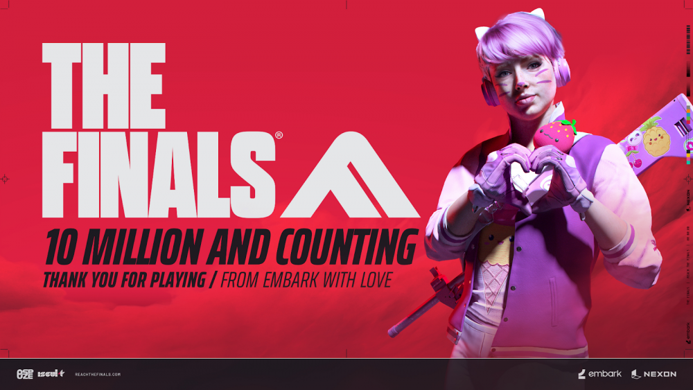 Image showing a character forming a heart with her hands, thanking fans for reaching 10 million players in The Finals.