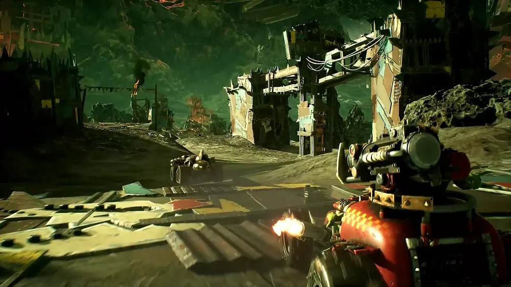 An armored vehicle speeding through a barren wasteland in the Warhammer 40K universe.