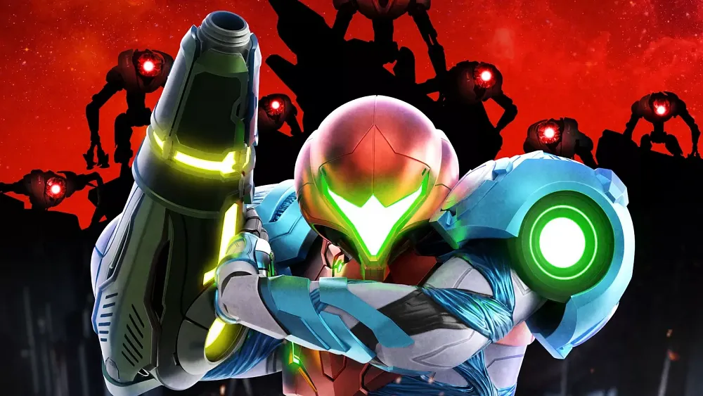 Art for Metroid Dread showing Samus Aran in her suit looking at the camera.