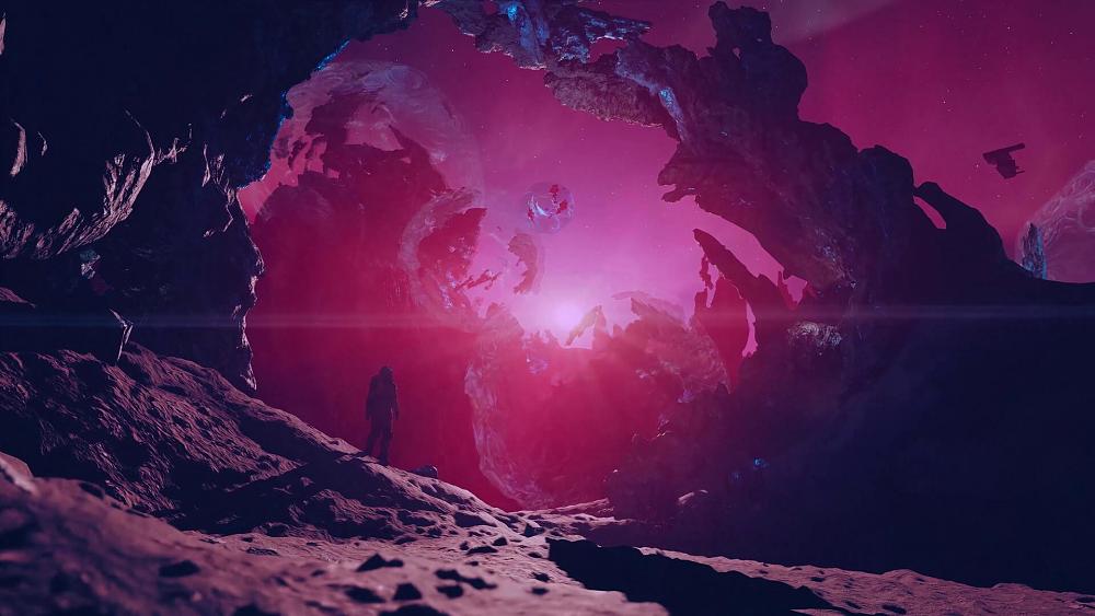 An astronaut standing in front of a rock archway on a purple and pink alien planet.