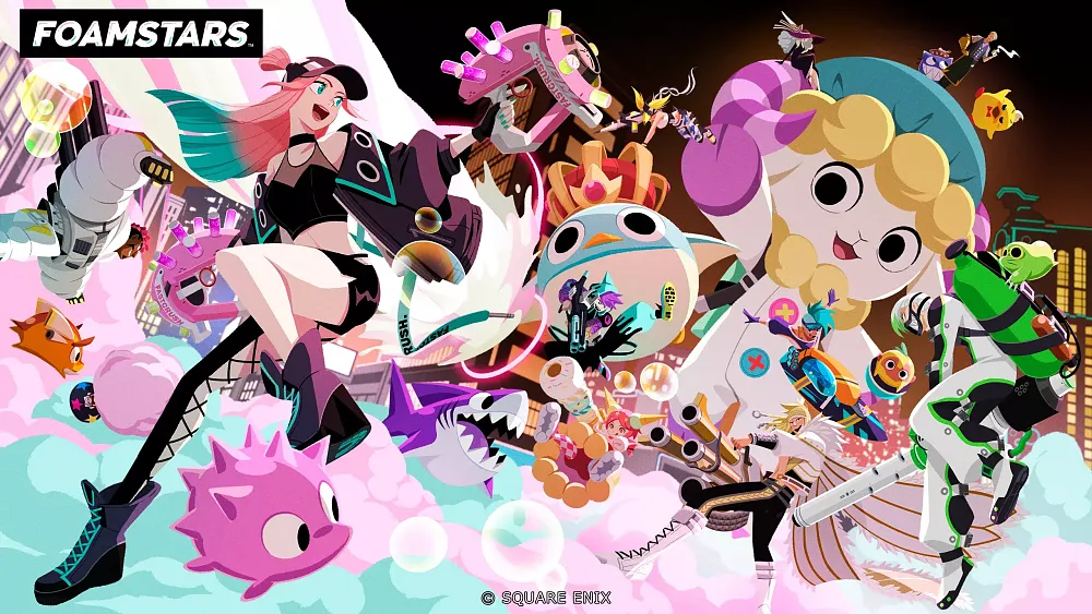 Key art showing lots of colorful blue and pink foam and colorful characters in a key artwork for Foamstars Season 8, Diamond Jam.