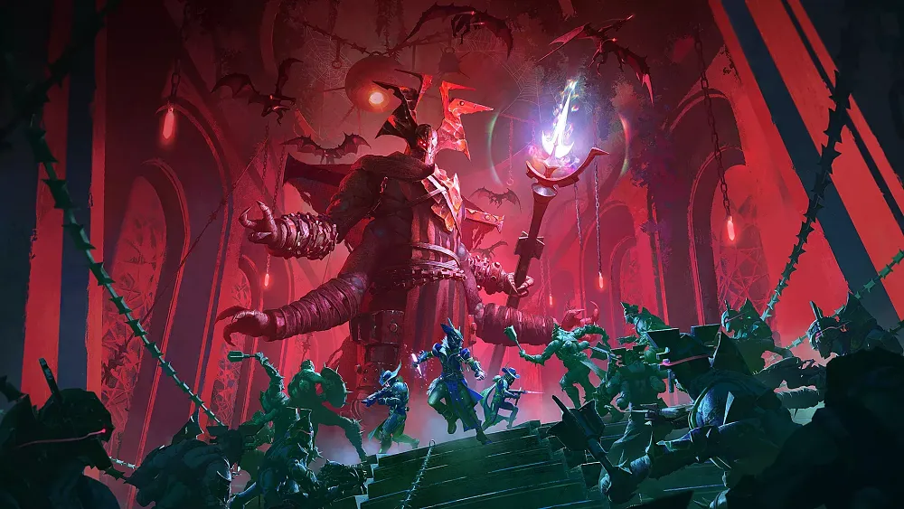 A big four-armed alien with a spiked helm and holding a scepter looms in the background as an army of smaller aliens attack three Destiny Guardians.