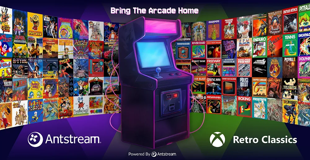 An arcade cabinet in front of an array of box arts from over 50 retro video games from Activision.