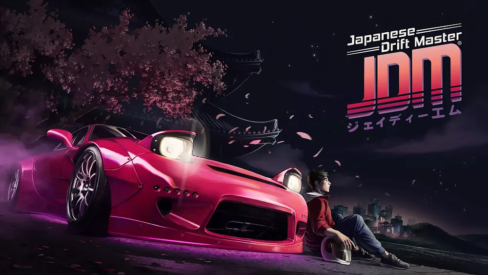 A male sitting on a road and leaning back against his red Japanese drift car. The text JDM: Drift Master is seen on the right side of the image.