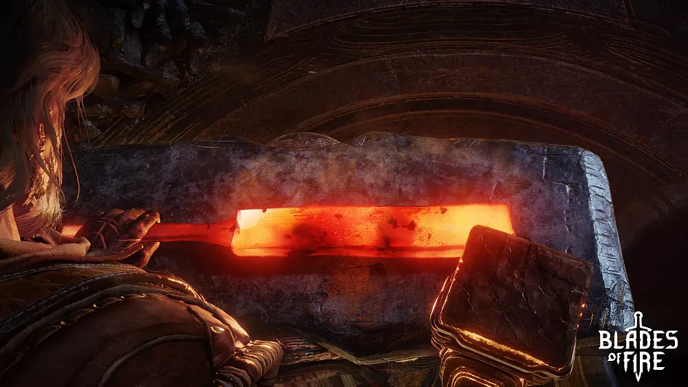 A top-down view of a blacksmith forging a weapon with glowing metal on an anvil.