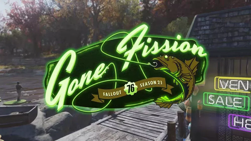 Text  in the image reads: Fallout 76: Gone Fission and in the background is a look at a fishing spot coming to Fallout 76 soon.
