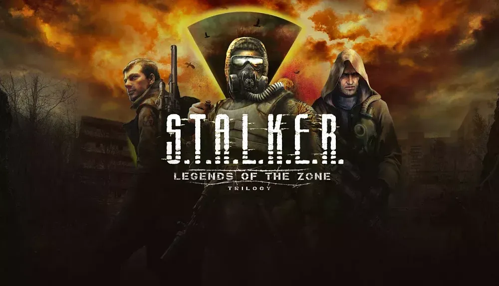 Art for a trilogy of STALKER games that features three different male protagonists as part of the artwork.