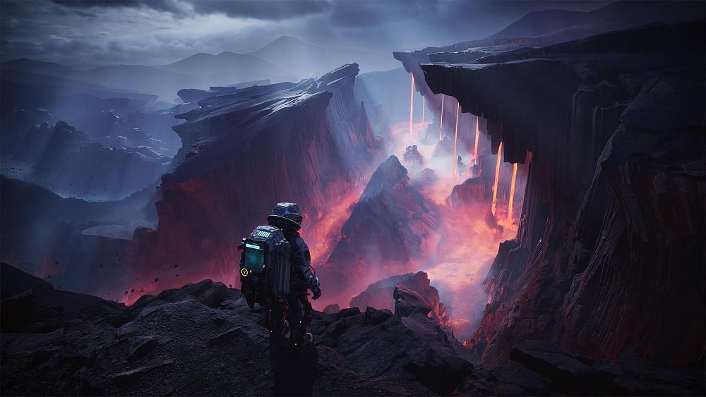 An astronaut on an alien planet overlooking a massive ravine or canyon where a distant light is emanating from.