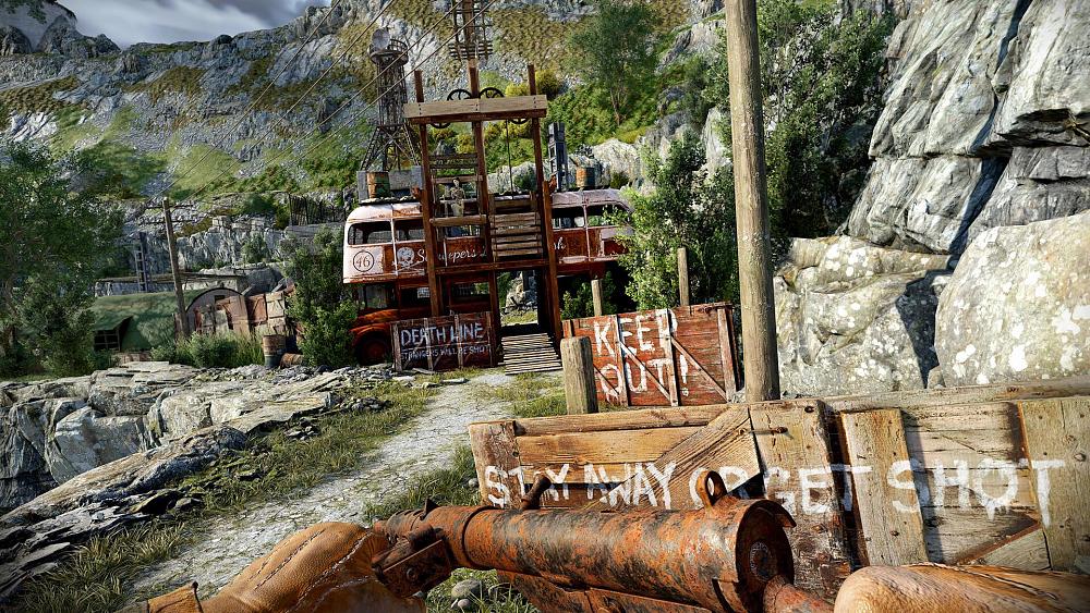 A person with a rusty SMG weapon approaching an area that has numerous signs saying to keep out.