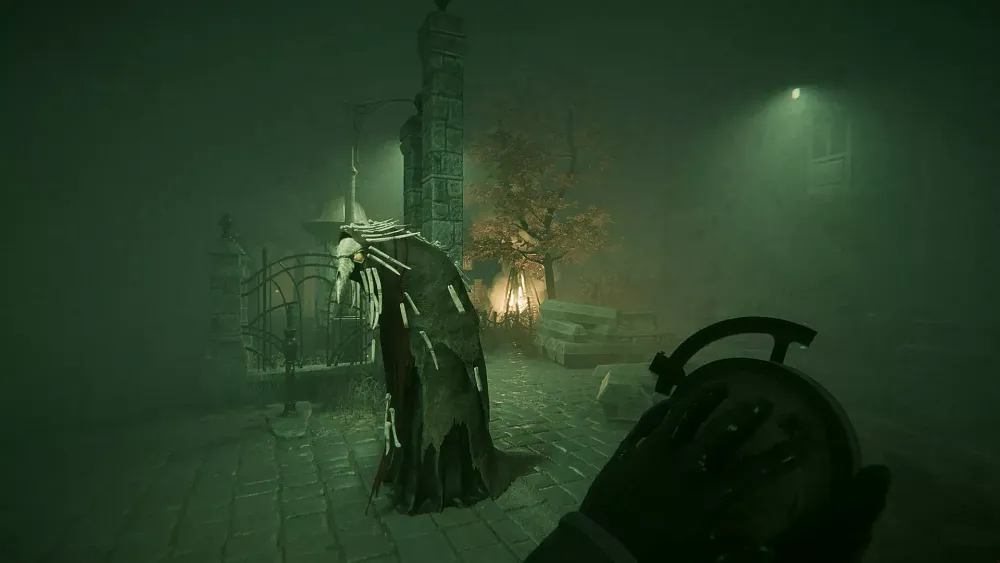Someone wearing a plague mask made of bone walks through a foggy street as eerie green light fills the scene.