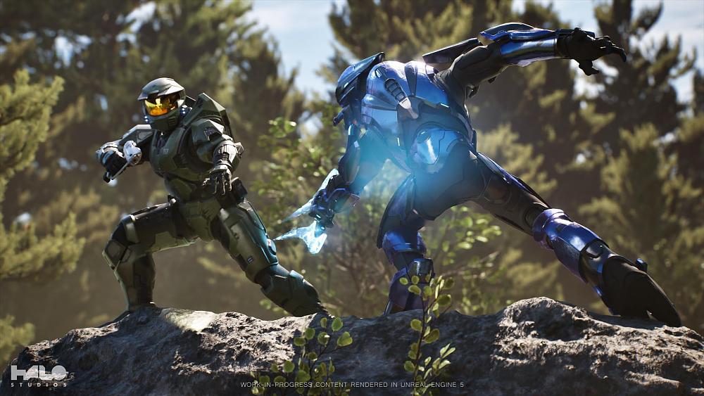 A render of Master Chief and an alien fighter from Halo engaging in battle in Unreal Engine 5.